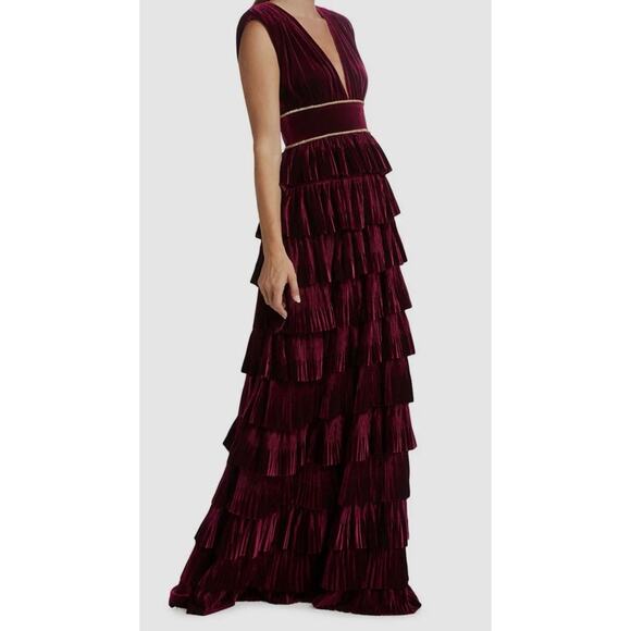 NWT Bronx & Banco Burgundy Velvet Tiered Maxi Gown XL US10 Gold Trim Pleated - Picture 2 of 16